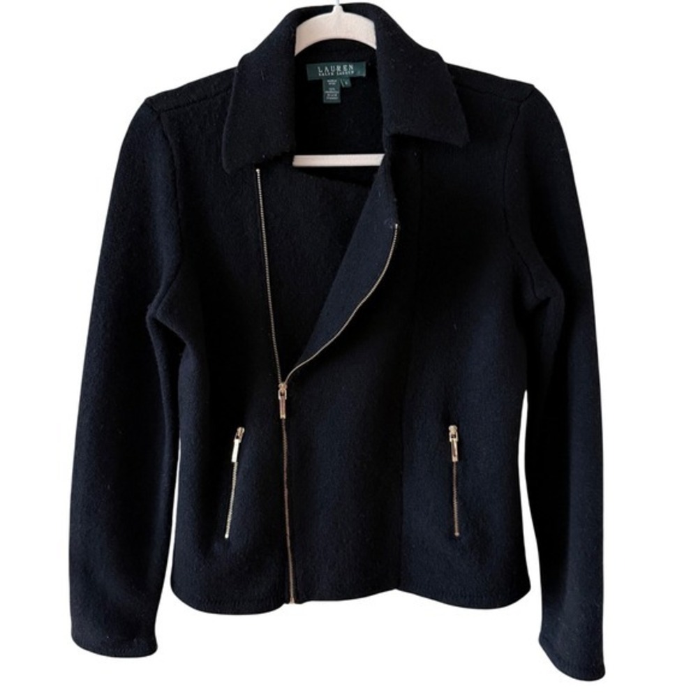 Lauren Ralph Lauren Moto Jacket Lambswool Black Gold Zip Collared Women's‎ S